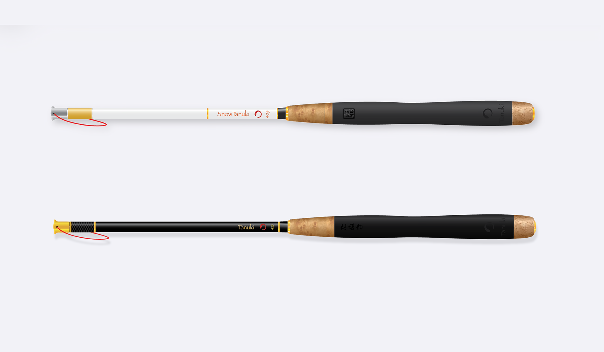 Two Tanuki 425 tenkara rod iterations shown side by side, highlighting design and tip differences