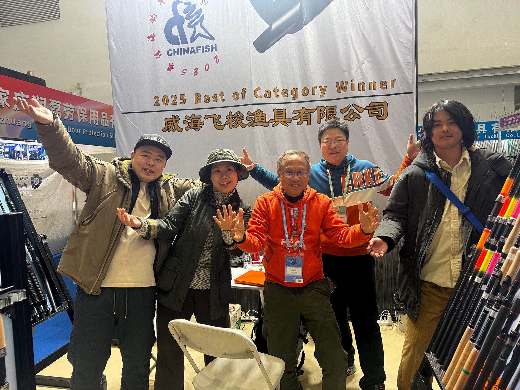 Group photo with Miss 39, Beijing anglers, vendors, and Tenkara Tanuki at the Beijing Fishing Tackle Export Show in Beijing, China.